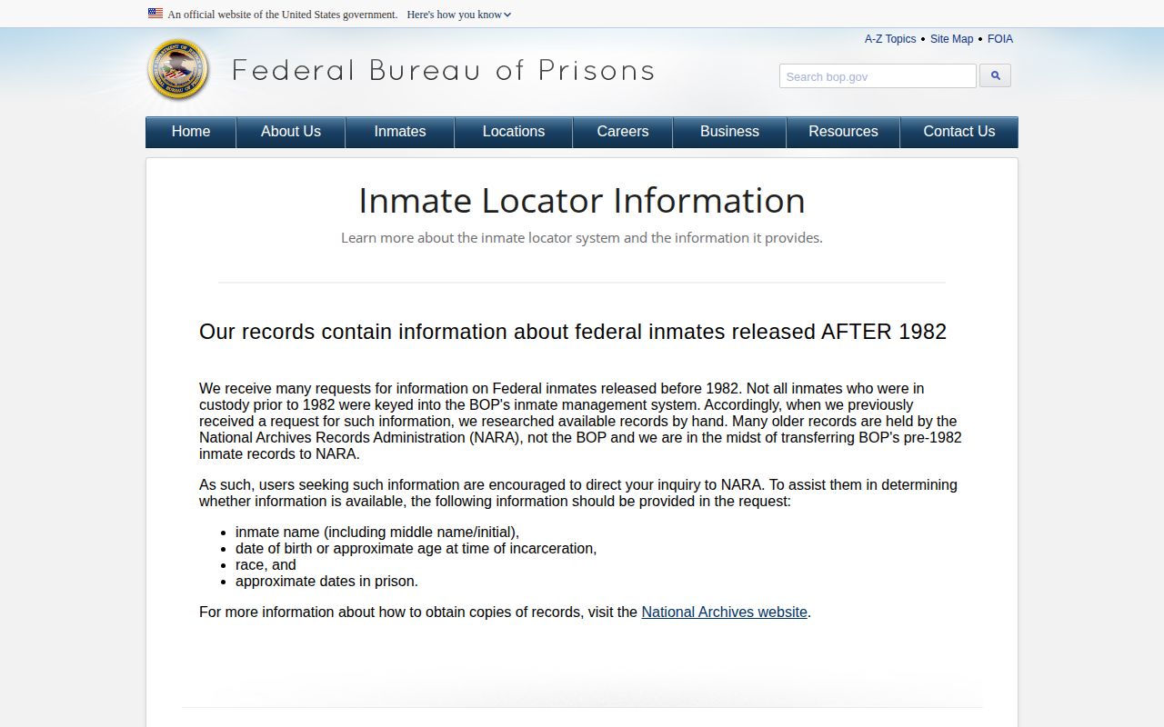 Federal Bureau of Prisons explanation of released locator results