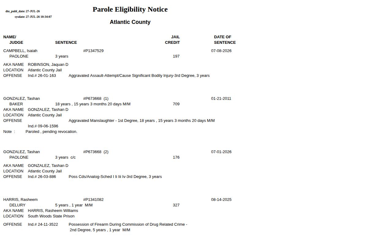 New Jersey State Parole Board current parole eligibility notice