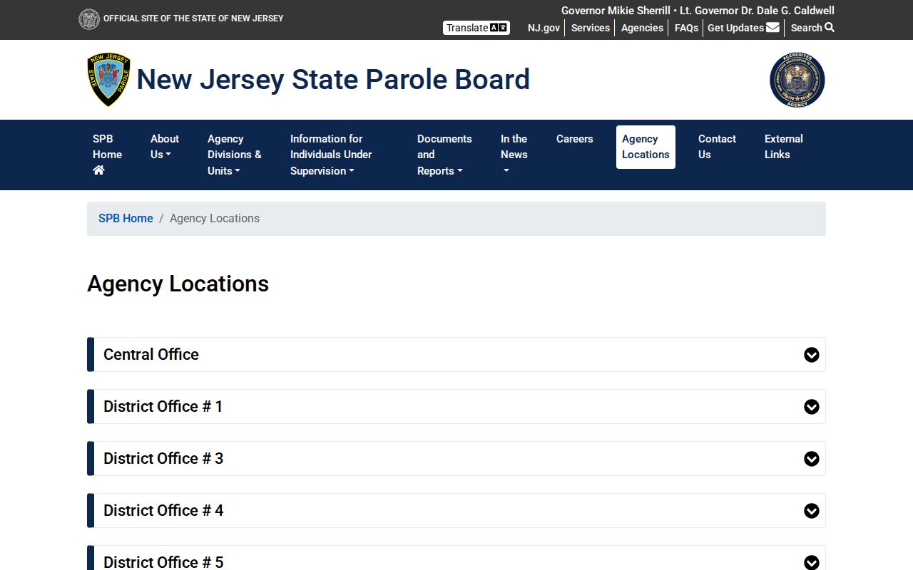 New Jersey State Parole Board locations page showing District Office 6