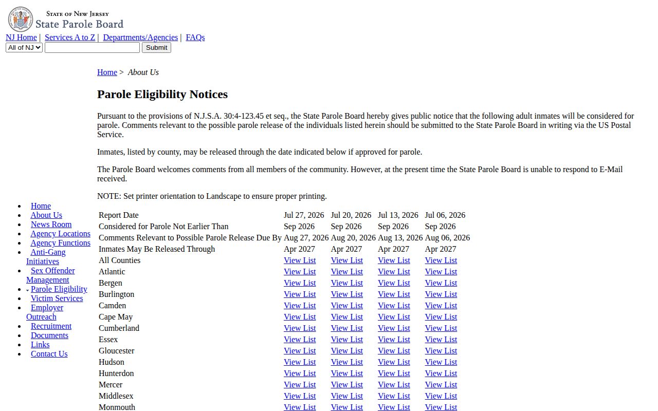 New Jersey State Parole Board notices and publications page