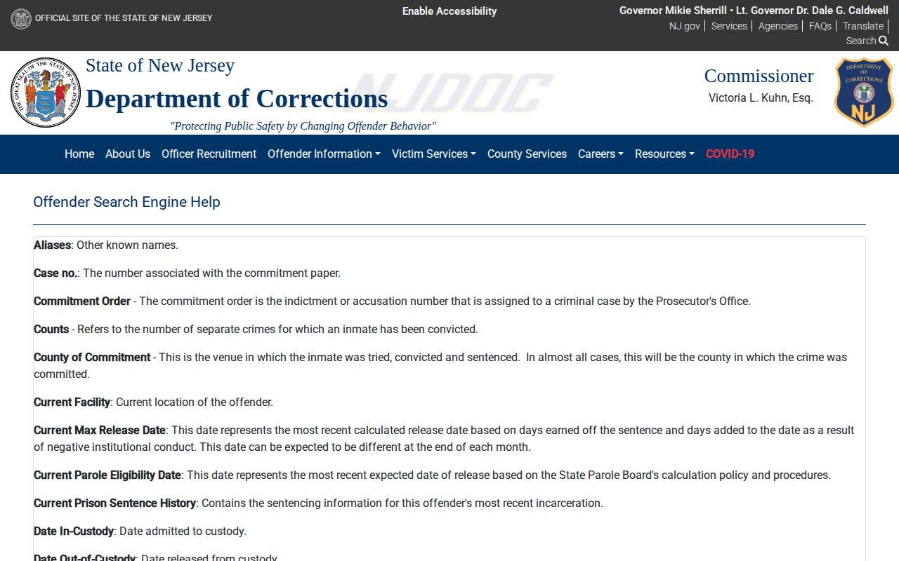 NJDOC search help defining release and parole date fields